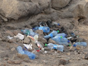 Used plastic bottles dumped on the ground at Erta Ale